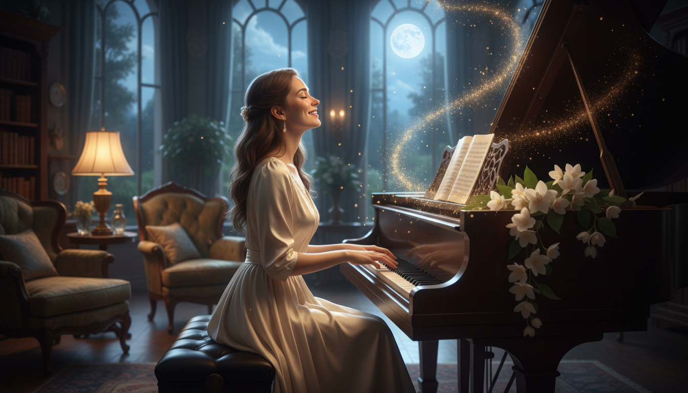 月明かりの中でピアノを弾くアマリエ